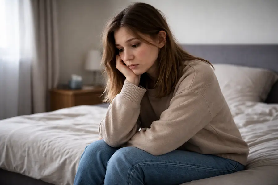 Mujer joven sentada en la cama con expresión triste y mirada hacia abajo, reflejando baja autoestima